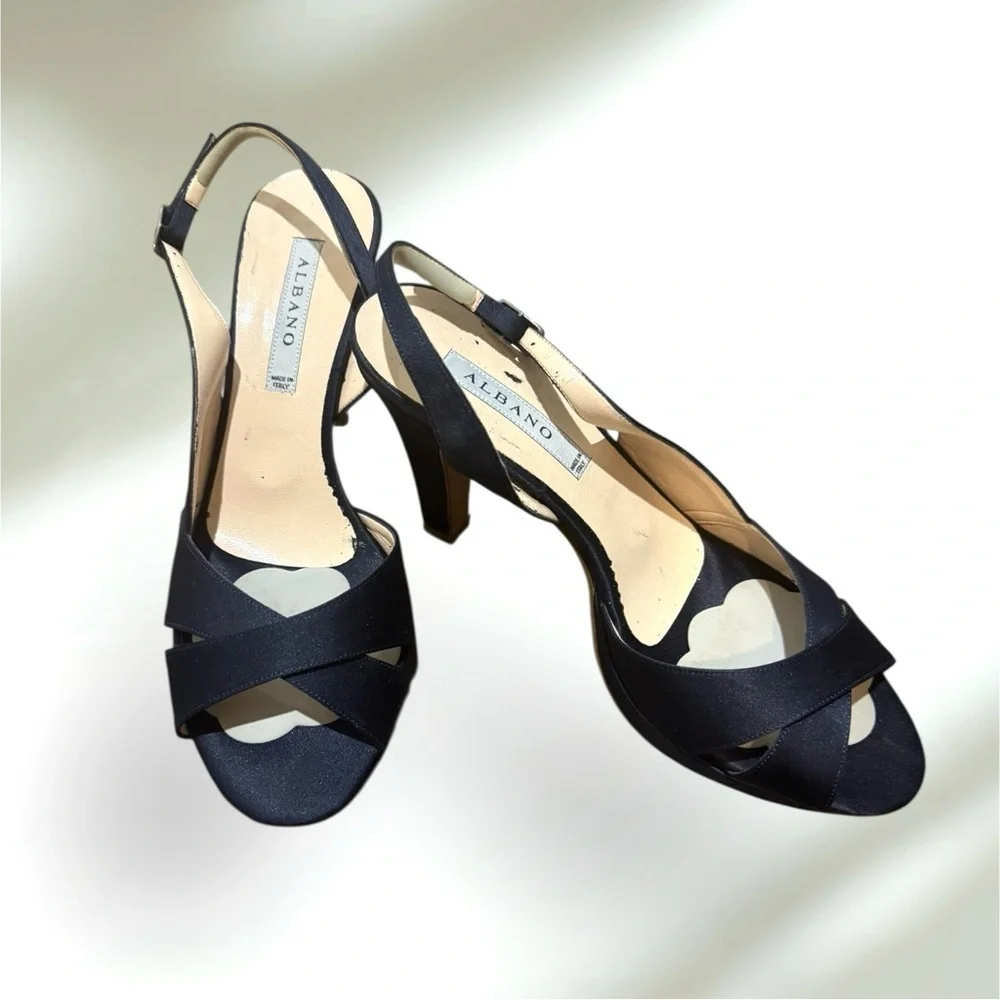 Albano Rich Blue Satin Strappy Heels Size 39 Eur 8.5 US Formal Italy Wedding